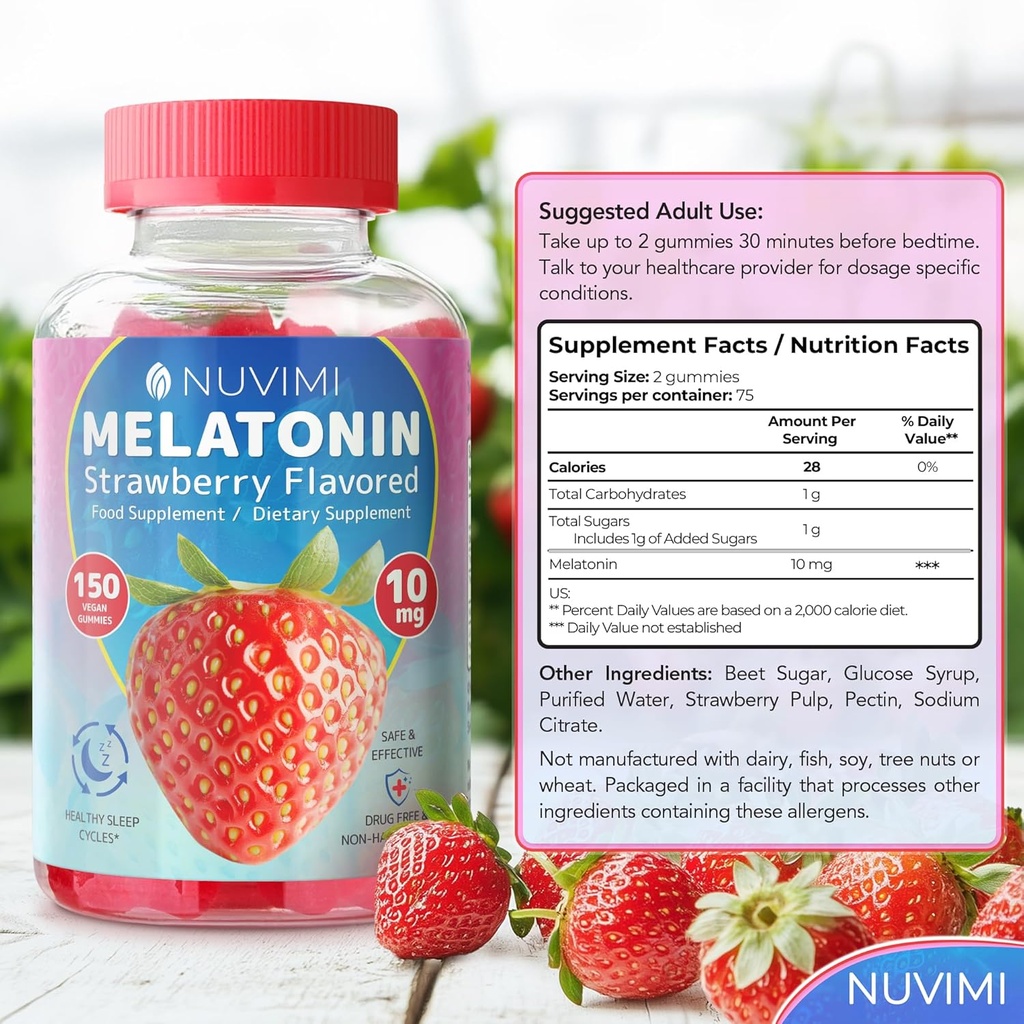 Melatonin Gummies - 10 mg Strawberry Flavored Dietary Food Supplement to Help Support Sleep - 150 Vegan Gummies 6