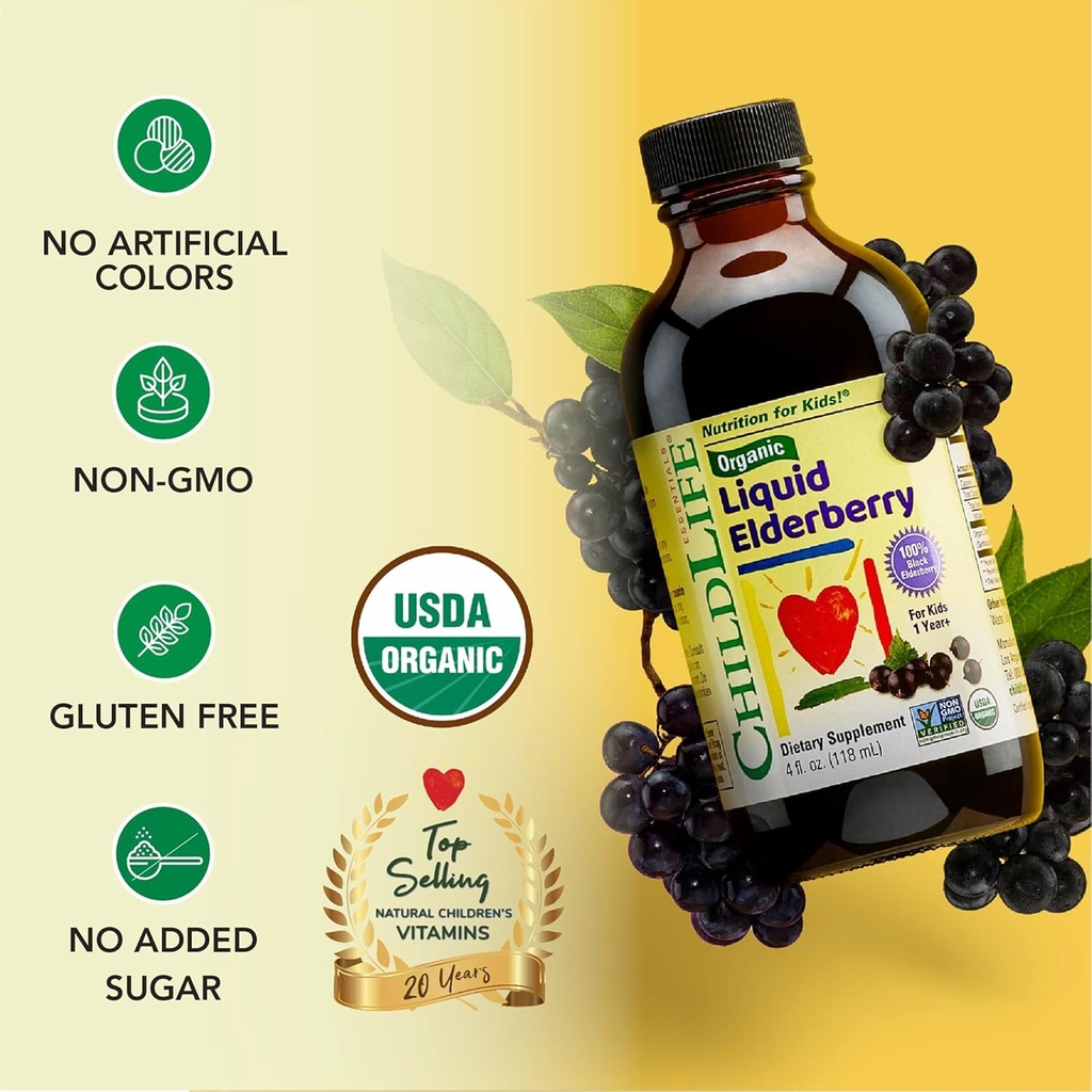 CHILDLIFE Essentials Organic Elderberry Syrup for Kids - Liquid Elderberry for Toddlers, Elderberry Extract Drops, Tincture for Babies, Toddlers, Children - 4 Fl Oz 5