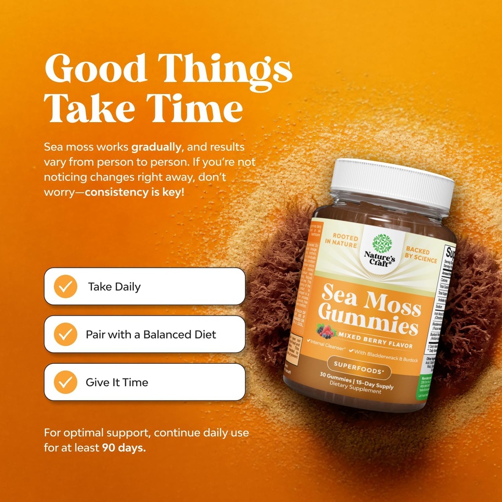 Natures Craft Sea Moss Gummies for Adults and Kids - Vegan Adult and Kids Immune Support Gummies with Burdock Bladderwrack Sea Moss Gel - Delicious Berry Flavor Supplement Men Women Children 30ct 5