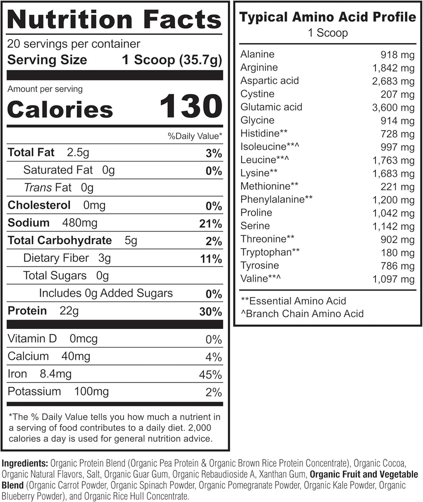 NATURELO Plant Protein Powder, Chocolate, 22g Protein - Non-GMO, Vegan, No Gluten, Dairy, or Soy - No Artificial Flavors, Synthetic Coloring, Preservatives, or Additives - 20 Servings 4