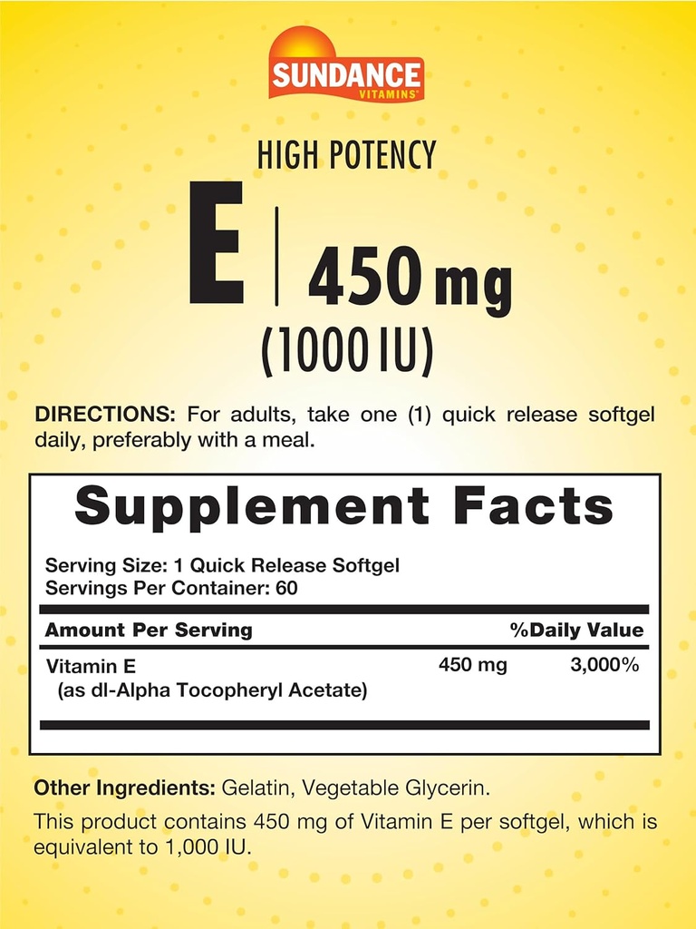 Sundance High Potency Vitamin E | 450mg (1000 IU) | 60 Softgels | Essential Vitamin Supplement | Non-GMO and Gluten Free Formula 3