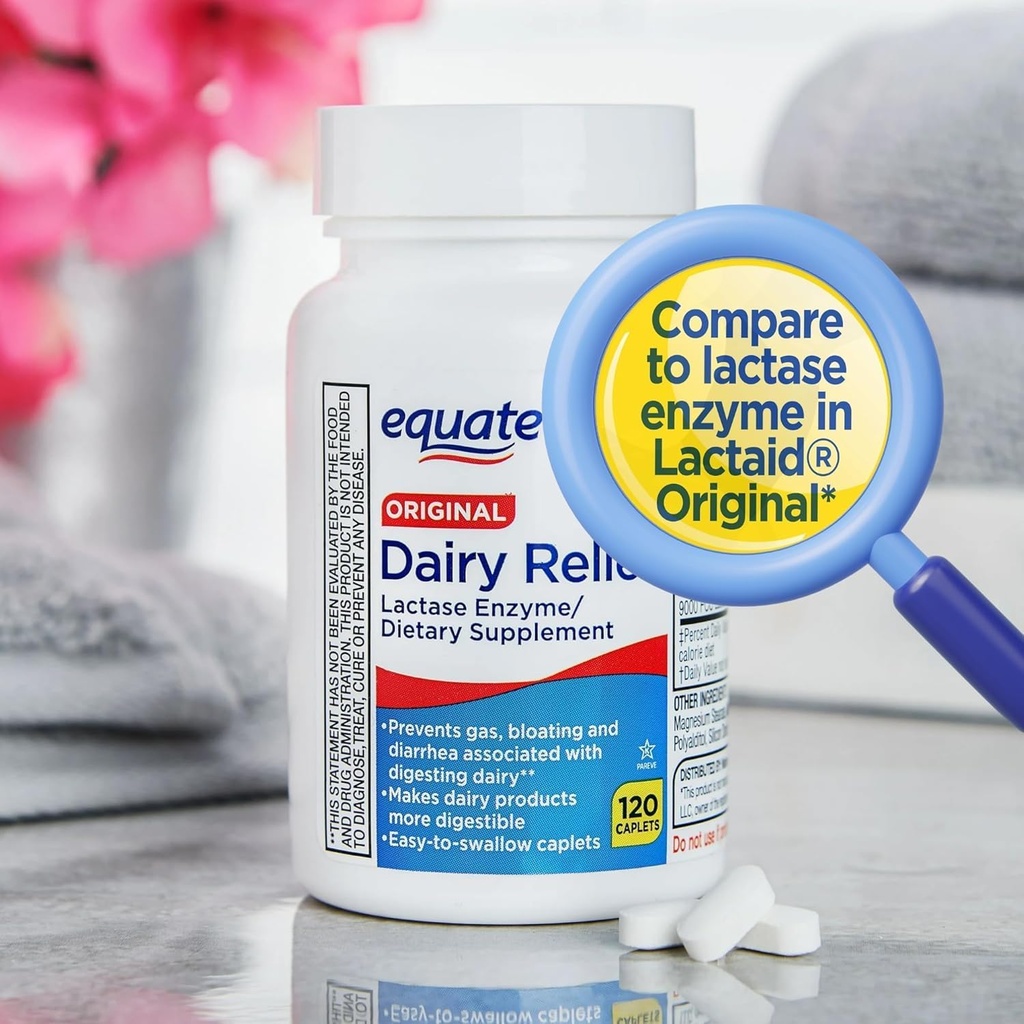 Dairy Relief Caplets, Original, Lactase Enzyme, 120 Pills by Equate (Pack of 1) + Sticker 3