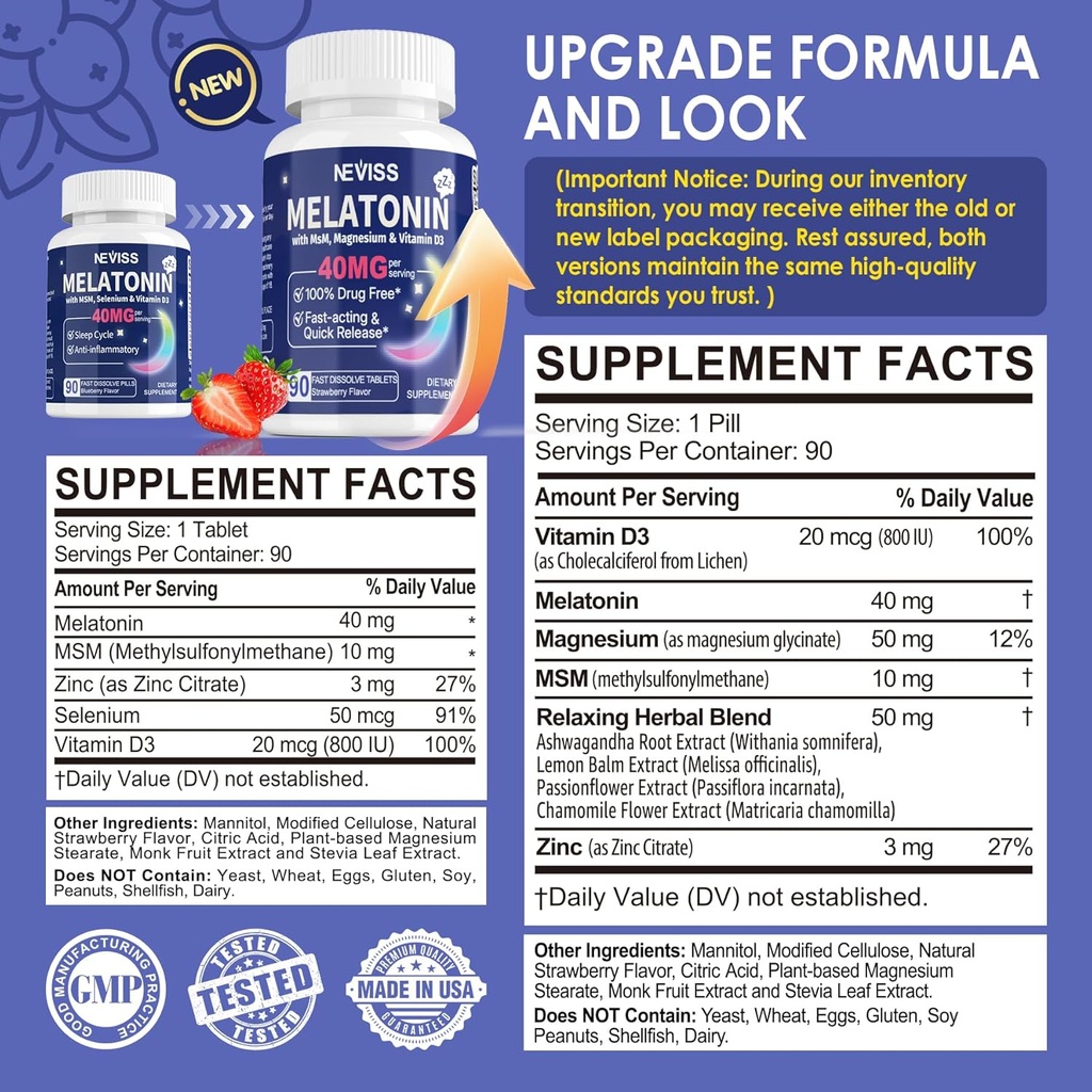 Melatonin 40 mg for Adults - Fast Dissolve & Chewable Sublingual Sleep Supplement - Extra Strength Melatonin with Vitamin D3 & MSM, Selenium for Health Rest Cycle, Deep Zzzs, Sugar-Free, 180 Servings 3