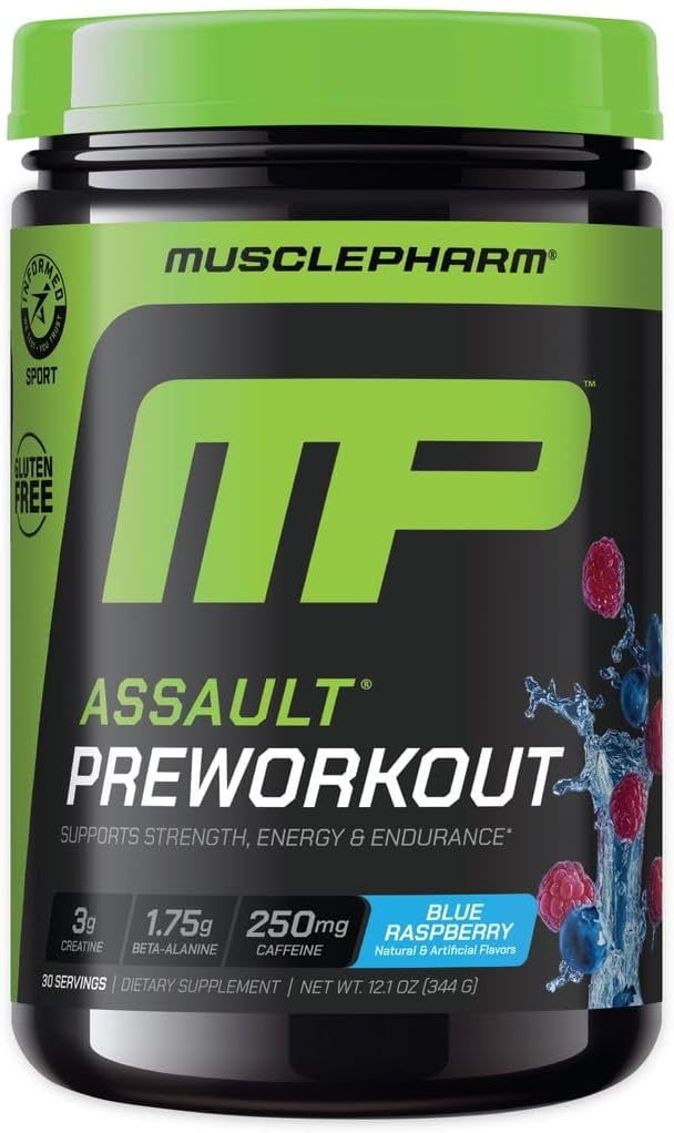 MusclePharm Assault Pre Workout Powder for Men & Women – Energy & Strength Boost Pre-Workout Supplements with Beta Alanine, Caffeine, Creatine & Betaine Anhydrous – 30 Servings, Blue Raspberry Flavor 2