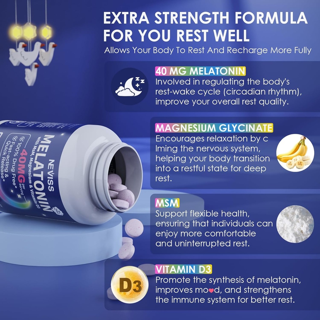 Melatonin 40 mg for Adults - Fast Dissolve & Chewable Sublingual Sleep Supplement - Extra Strength Melatonin with Vitamin D3 & MSM, Selenium for Health Rest Cycle, Deep Zzzs, Sugar-Free, 180 Servings 5