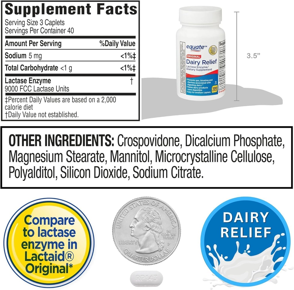 Dairy Relief Caplets, Original, Lactase Enzyme, 120 Pills by Equate (Pack of 1) + Sticker 6