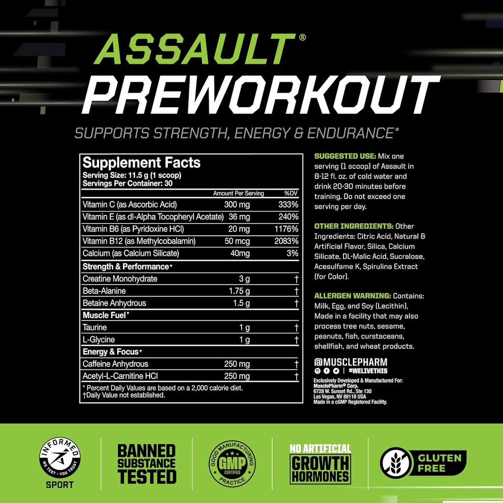 MusclePharm Assault Pre Workout Powder for Men & Women – Energy & Strength Boost Pre-Workout Supplements with Beta Alanine, Caffeine, Creatine & Betaine Anhydrous – 30 Servings, Blue Raspberry Flavor 4