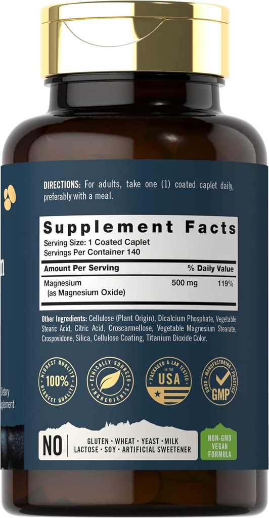 Tahoe Nutritionals Magnesium | 500mg | 140 Coated Caplets | Non-GMO and Gluten Free Supplement 3