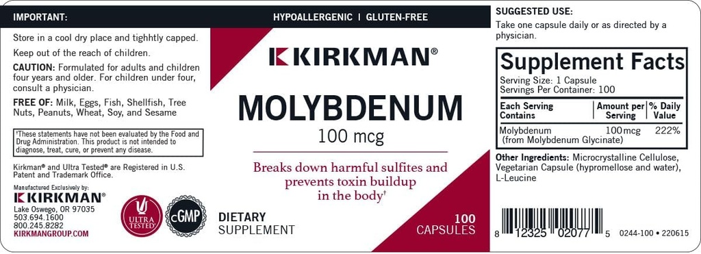 Kirkman - Molybdenum 100 mcg - 100 Capsules - Essential Minerals - Breaks Down Sulfites & Toxins - Hypoallergenic 4