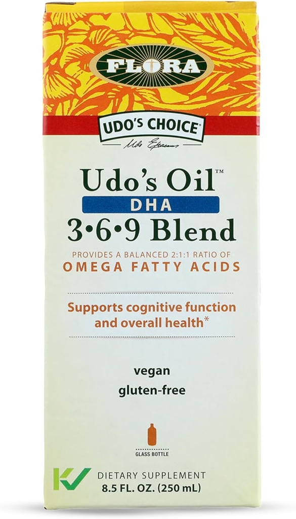 Flora - Udo's Oil DHA 3-6-9 Blend - Vegan Eye & Brain Health Supplement - Vegan Omega-3 & Omega-6 - Contains Sunflower & Flax Seed Oil - Kosher & Organic - Keep Chilled - 8.5 fl. oz. 2