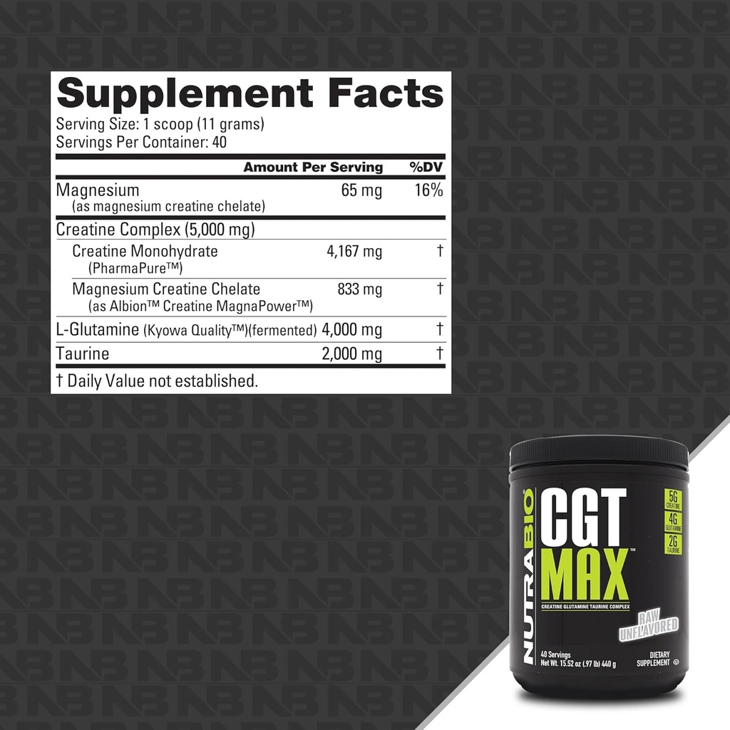 NutraBio CGT-MAX Powder- Creatine, Glutamine and Taurine to Support Muscle Recovery and Strength - 40 Servings - Unflavored 3