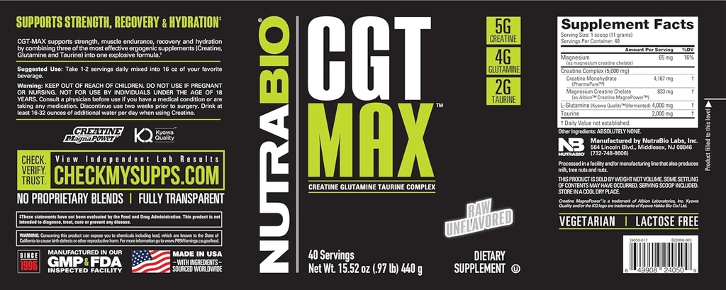 NutraBio CGT-MAX Powder- Creatine, Glutamine and Taurine to Support Muscle Recovery and Strength - 40 Servings - Unflavored 4