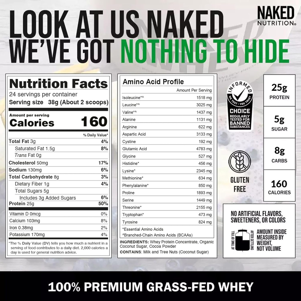 NAKED Whey Chocolate Protein Powder - Only 3 Ingredients - Grass Fed Whey Protein Powder, Organic Chocolate and Organic Coconut Sugar, No GMO, No Soy, and Gluten Free - 24 Servings 6