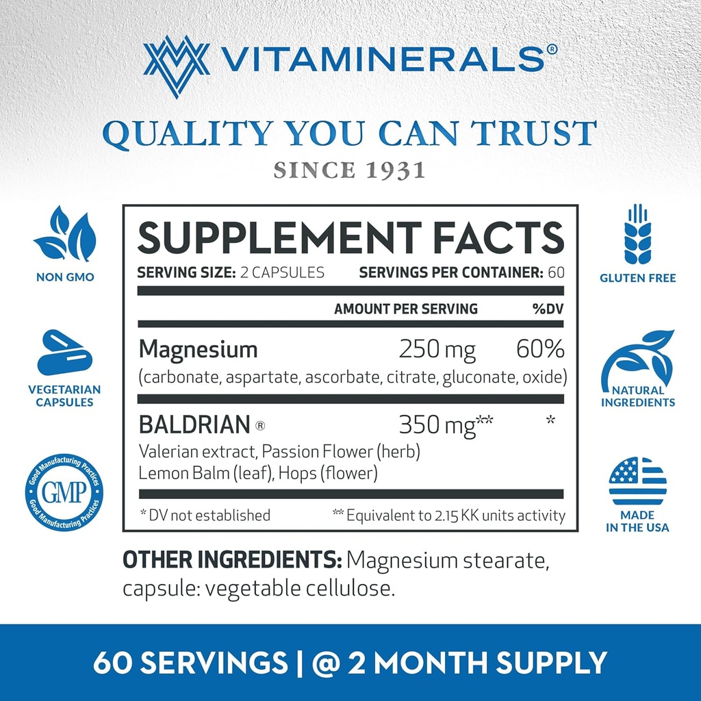 Vitaminerals 33+ Baldrian® Plus Natural Relaxing Support Standardized Valerian Extract (120) 6