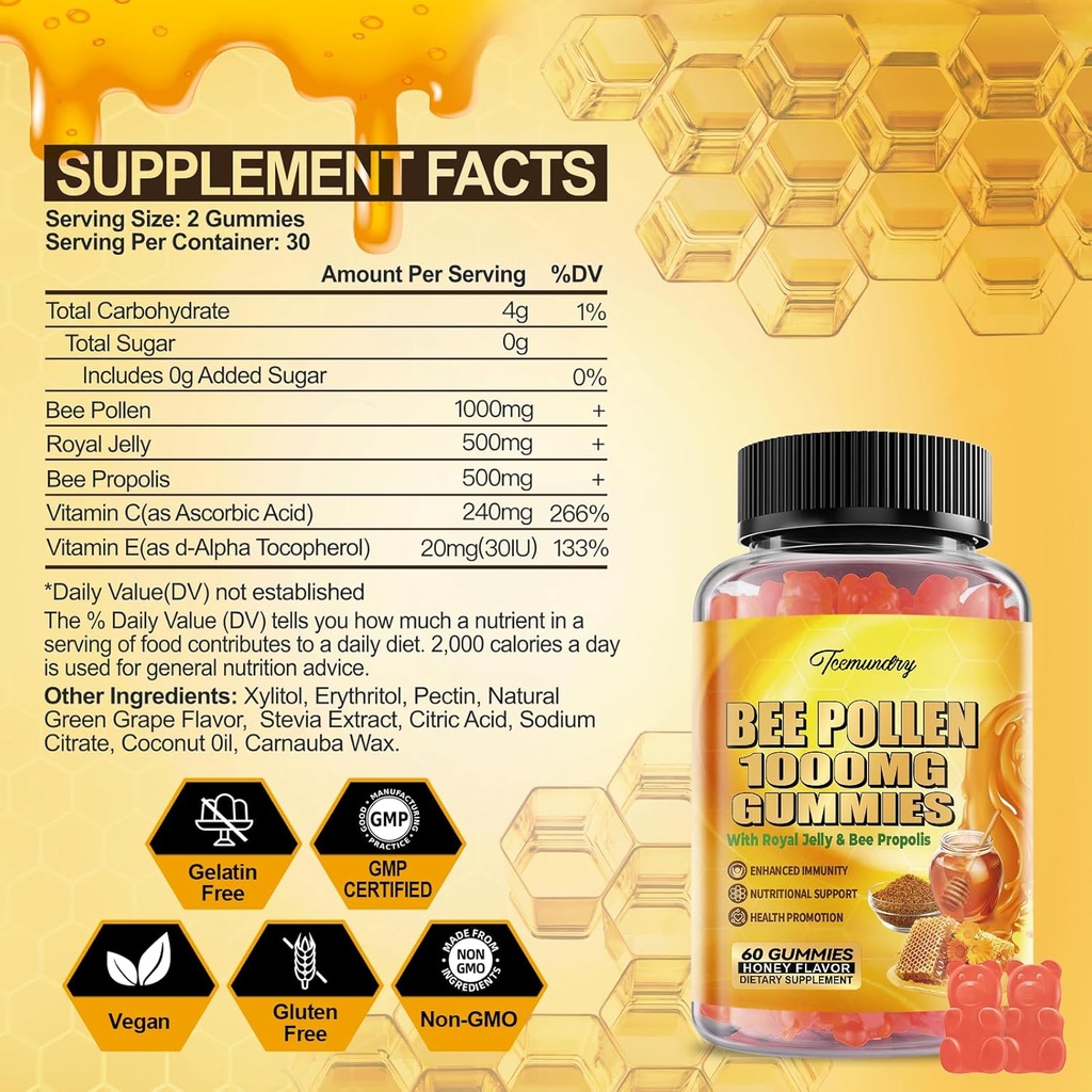 Bee Pollen 1000MG Gummies with 500MG Royal Jelly & Bee Propolis, Sugar Free Bee Pollen Supplement Rich in Vitamin C & E, Vegetarian, Non-GMO, Gluten Free, Support Immunity & Skin Health (120 Count) 3