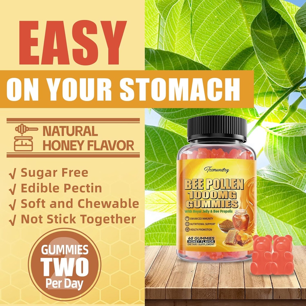 Bee Pollen 1000MG Gummies with 500MG Royal Jelly & Bee Propolis, Sugar Free Bee Pollen Supplement Rich in Vitamin C & E, Vegetarian, Non-GMO, Gluten Free, Support Immunity & Skin Health (120 Count) 5
