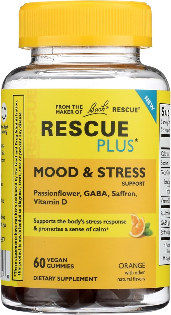 RESCUE Bach Plus Mood & Stress Support Gummies, Daytime Dietary Supplement with Passionflower, GABA, Saffron & Vitamin D, Natural Orange Flavor, Vegan & Gluten-Free, 60 Count 2