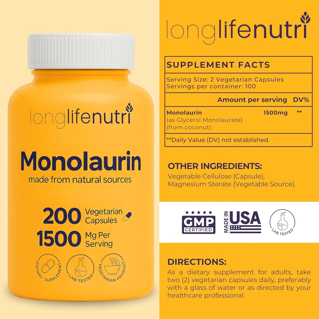 LongLifeNutri Monolaurin 1500mg - Potent Glycerol from Coconut, 200 Vegetarian Capsules, Organic Supplement for Gut Balance & Natural Defense, 100-Day Supply, GMP Certified, Made in USA 3