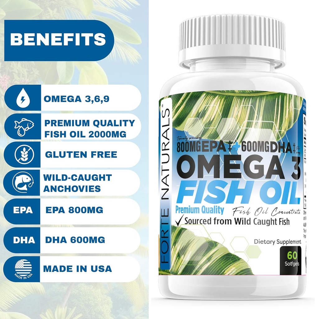 Omega 3 Fish Oil 2000mg HIGH Potency 800mg EPA DHA 600mg BURPLESS Supplement Non GMO Omega 3 Fatty Acid Supplements HIGH DOSE Fish Oil for Dogs Cats Humans Made in USA 3