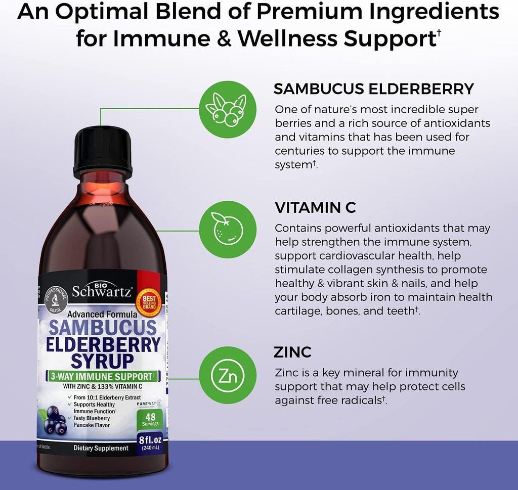 Elderberry Syrup for Kids and Adults - Natural Immune Support with Zinc and Vitamin C Plus 10x Concentrated Sambucus Elderberries - Blueberry Pancake Flavor - Gluten-Free, Non-GMO Multiminerals - 8oz 5