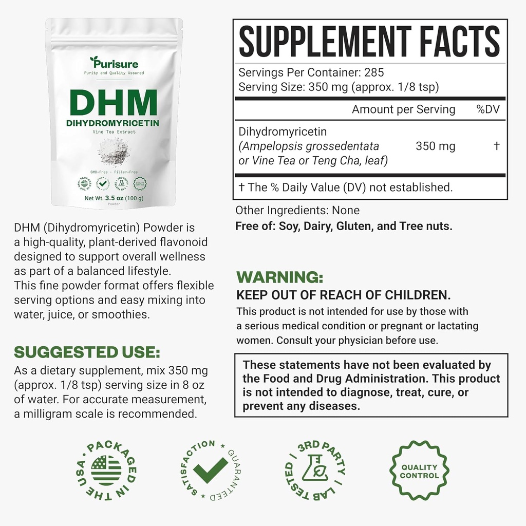Purisure Dihydromyricetin Powder, 100g, 100% Pure DHM Supplements, Liver Support and Overall Wellness, Premium Quality DHM Supplement, Dihydromyricetin (DHM) Powder for Worry-Free Night Outs 3