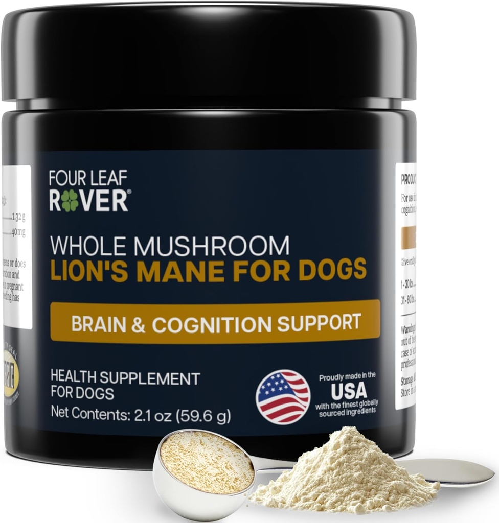 FOUR LEAF ROVER - Lion's Mane Mushrooms for Dogs - Supports Healthy Brains and Nervous Systems in Dogs of All Ages - Organic Whole Mushrooms - 3rd Party Tested - 60 Day Large Dog Supply 2