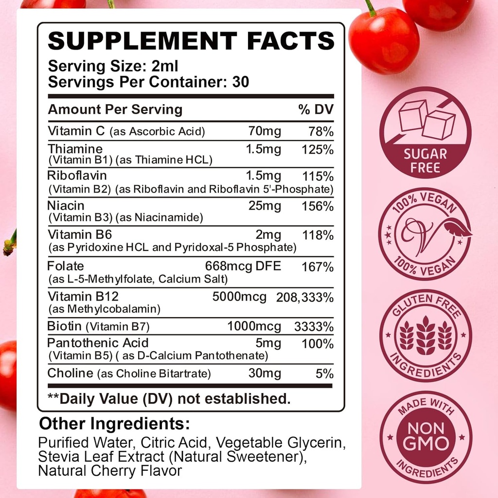 Vitamin B Complex Liquid Drops, B Vitamins Complex Supplement with B1, B2, B3, B5 B6, B7, B9 & Methyl B12 Drops for Adults & Kids, Vegan, Cherry Flavor 3