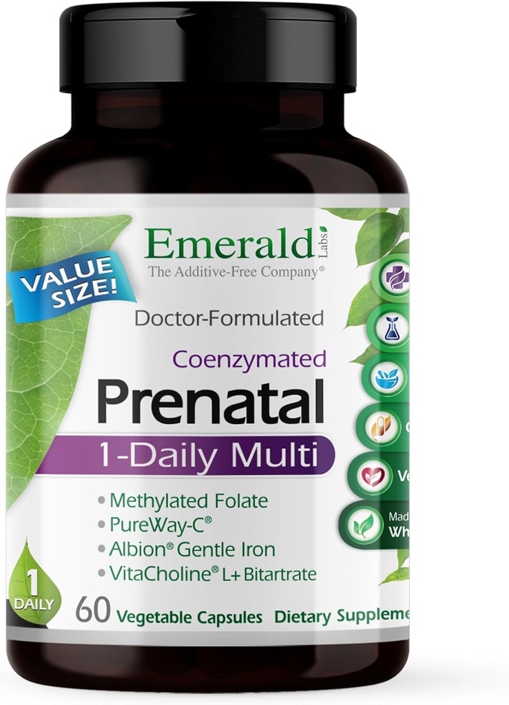 EMERALD LABS Prenatal 1-Daily Multi - Prenatal Multivitamin with Methylated Folate, Iron, Whole-Food Blend & More - Soy-Free, Gluten-Free - 60 Vegetable Capsules 2