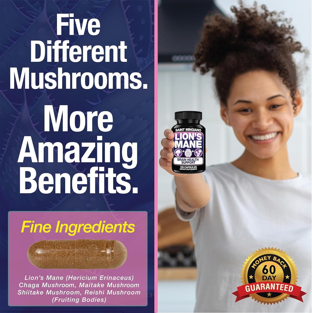 Lion's Mane Mushroom Supplement | 120 Capsules: Alpha Brain Enhancement of Cognitive Clarity, Focus with Our Specialty Blend 4 Mushroom Mycelium Formula 6