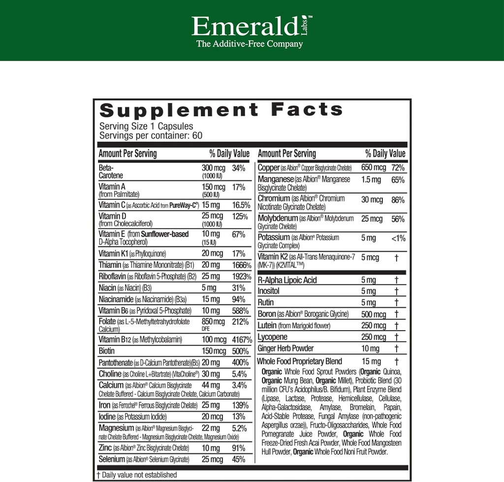 EMERALD LABS Prenatal 1-Daily Multi - Prenatal Multivitamin with Methylated Folate, Iron, Whole-Food Blend & More - Soy-Free, Gluten-Free - 60 Vegetable Capsules 3