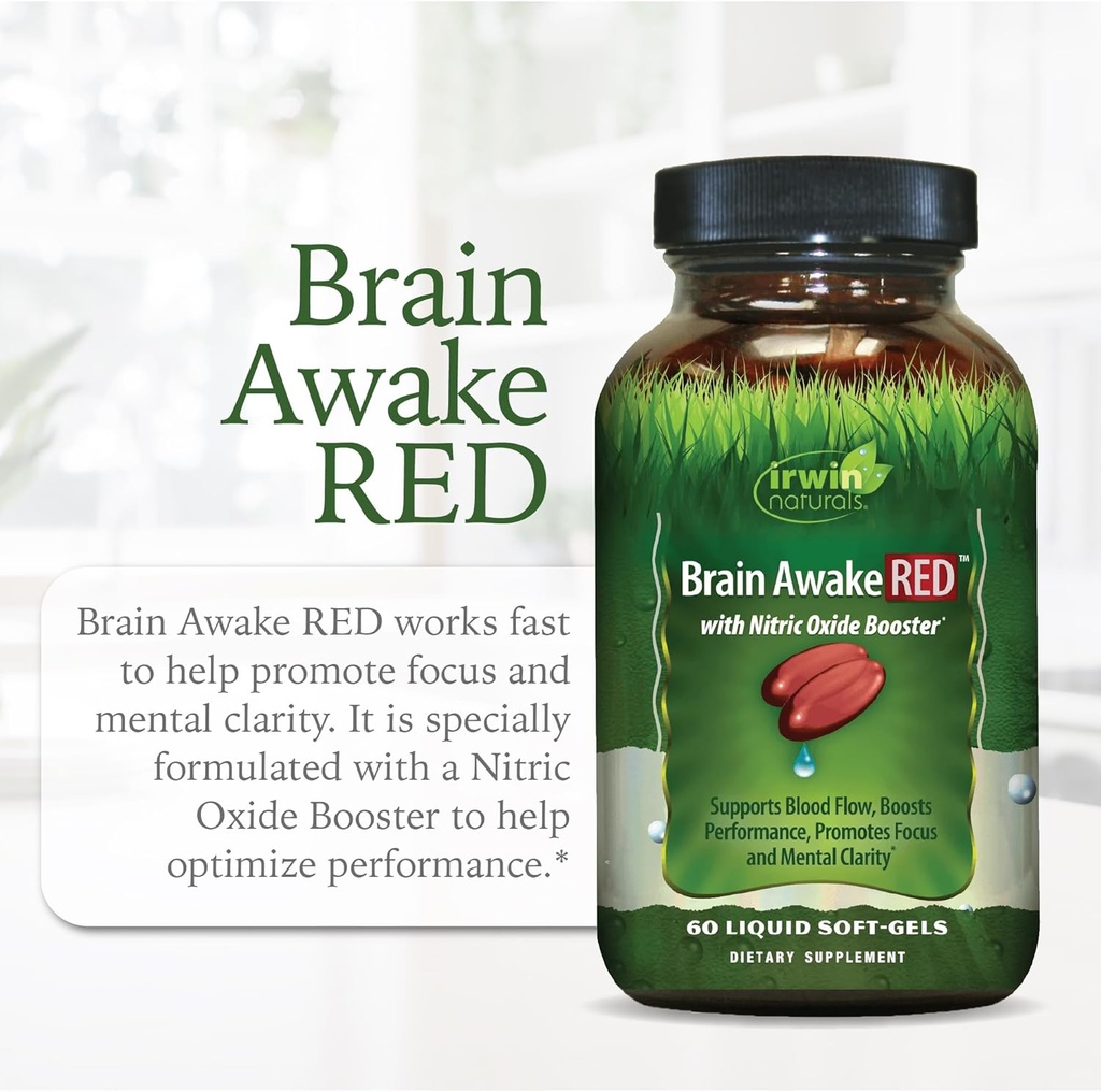 Irwin Naturals Brain Awake RED with Nitric Oxide Booster - 60 Liquid Soft-Gel - Support Brain Health & Optimize Performance - 20 Total Servings 5