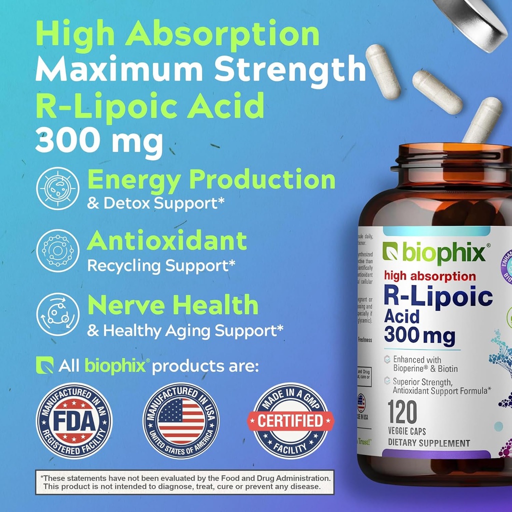 biophix R-Lipoic Acid 300 mg Stabilized 120 Veggie Capsules - with Biotin - High Potency Antioxidant Support - Non-GMO - Gluten Free - Promotes Energy 6