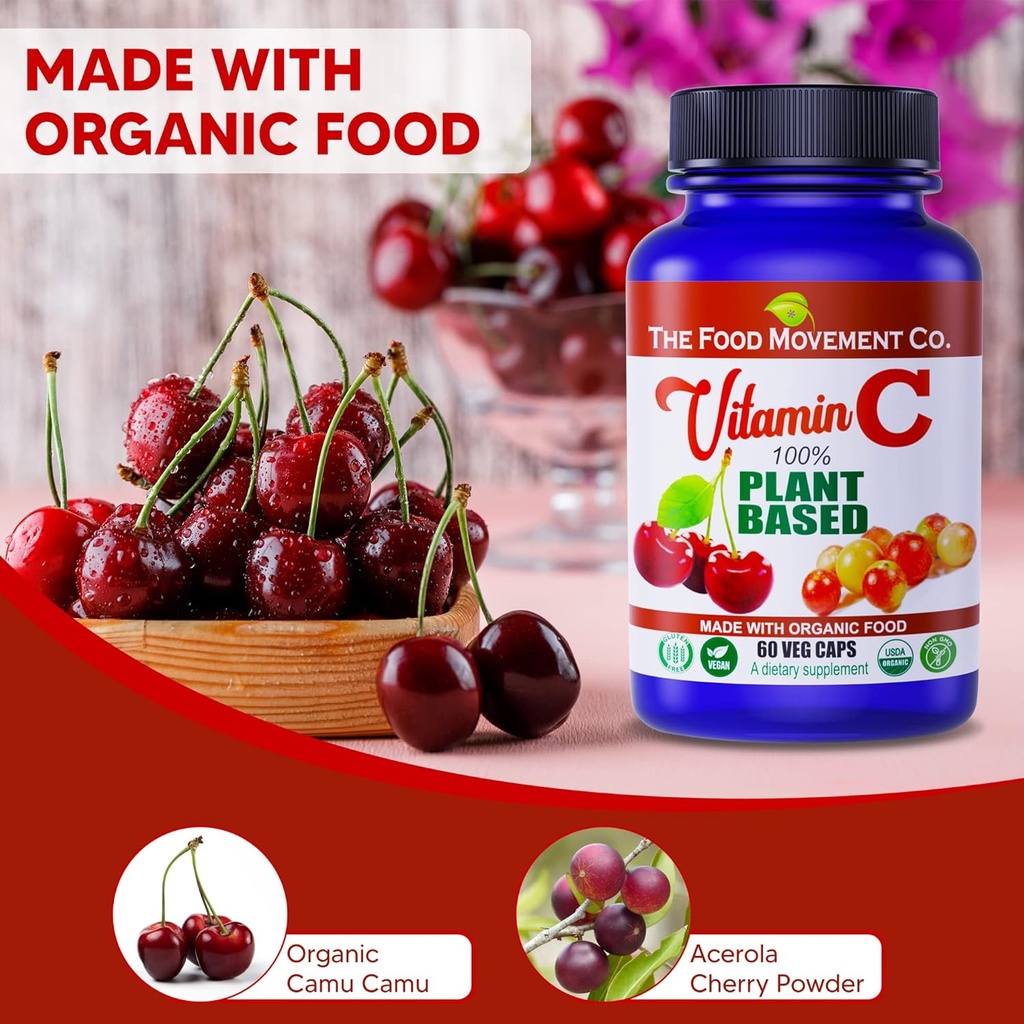 THE FOOD MOVEMENT CO. 100% Plant-Based Vitamin C 60 Capsules 125mg - Adults Immune System Antioxidant Support Dietary Supplement - Whole Food Vegan Supplements from Organic Non-GMO Gluten-Free Fruits 5