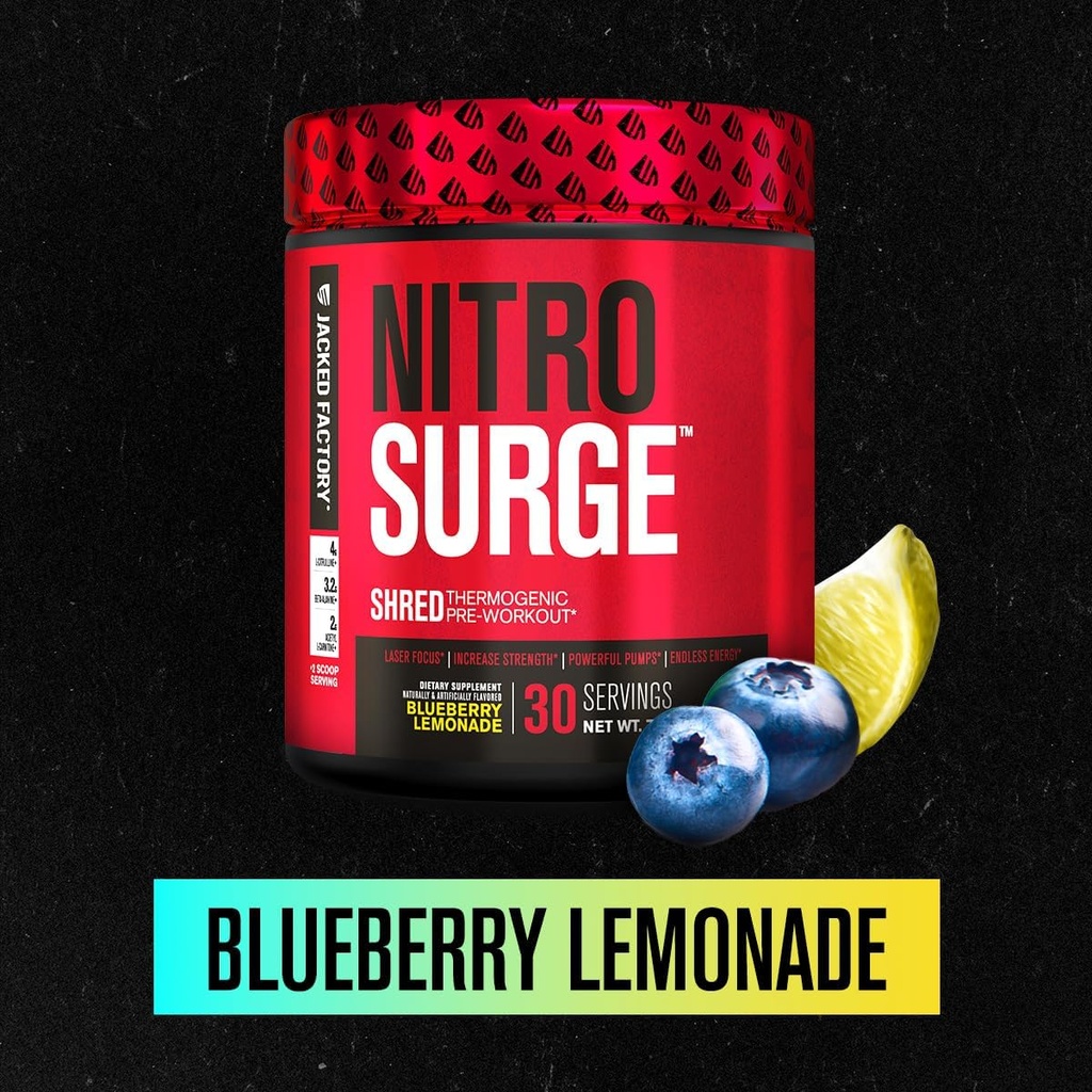 Jacked Factory NITROSURGE Shred Pre Workout Supplement (Blueberry Lemonade, 30 Servings) & Creatine Monohydrate Powder (Unflavored, 30 Servings) 3