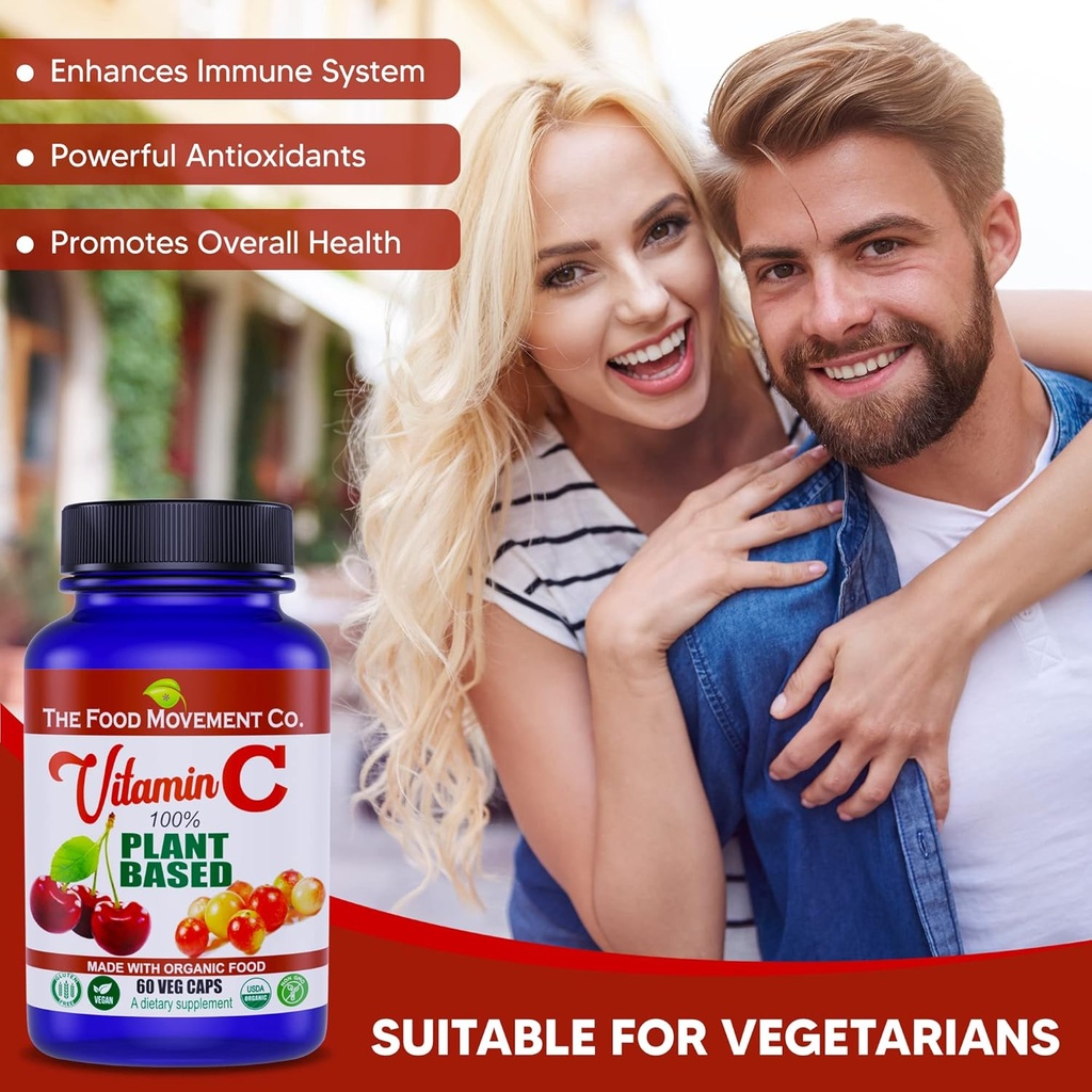 THE FOOD MOVEMENT CO. 100% Plant-Based Vitamin C 60 Capsules 125mg - Adults Immune System Antioxidant Support Dietary Supplement - Whole Food Vegan Supplements from Organic Non-GMO Gluten-Free Fruits 6