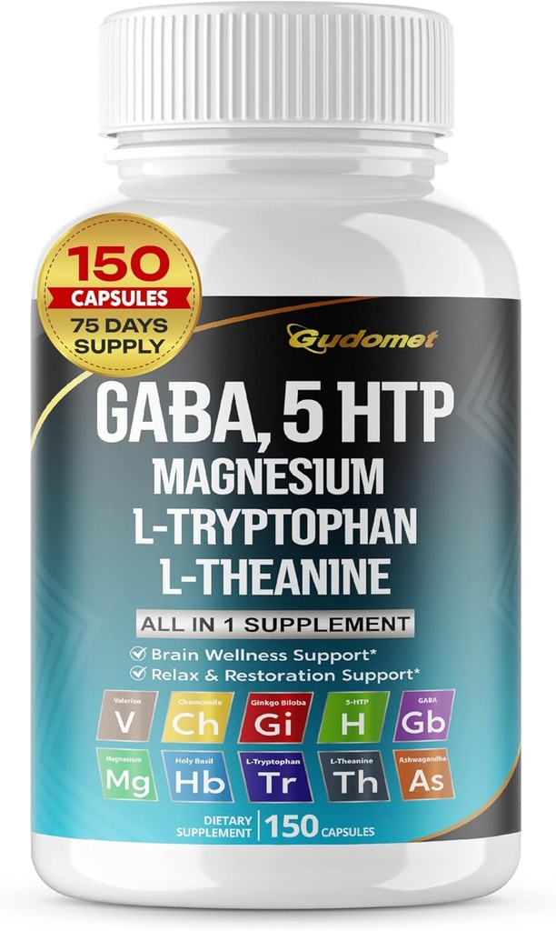 GABA 5-HTP L-Tryptophan L-Theanine Vitamin D3 Vitamin B6 Holy Basil Valerian Chamomile Ginkgo Biloba Ginger -150 Capsules- Made in USA 2
