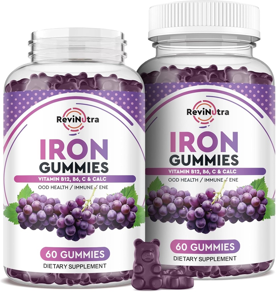 Iron Gummies - with Calcium, Zinc, Folate & Vitamin B12, C, B6 for Adults & Kids - Blood Builder & Energy Support for Iron Deficiency, Anemia, Vegan - 2 Pack Grape Flavour,60 Gummies 2
