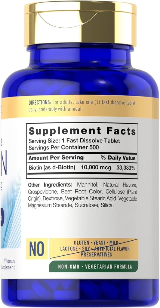 Carlyle Biotin 10000mcg | 500 Fast Dissolve Tablets | Max Strength | Vegetarian, Non-GMO, Gluten Free Supplement 3
