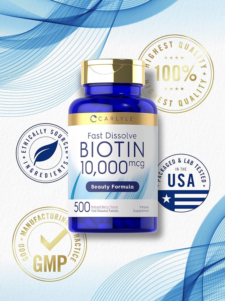 Carlyle Biotin 10000mcg | 500 Fast Dissolve Tablets | Max Strength | Vegetarian, Non-GMO, Gluten Free Supplement 6