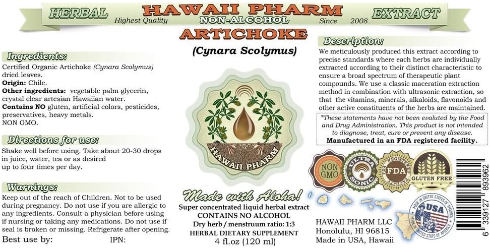Artichoke Alcohol-Free Liquid Extract, Organic Artichoke (Cynara scolymus) Dried Leaf Glycerite Hawaii Pharm Natural Herbal Supplement 64 oz 3