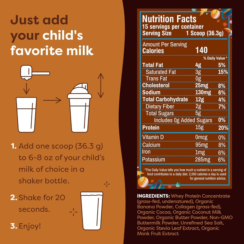 FlavCity All-in-One Protein Smoothie for Kids (Galactic Brownie) - Grass-Fed & Undenatured Whey Protein Powder with 15g Protein & 5g Collagen - Gluten-Free & Non-GMO - 15 Servings 5