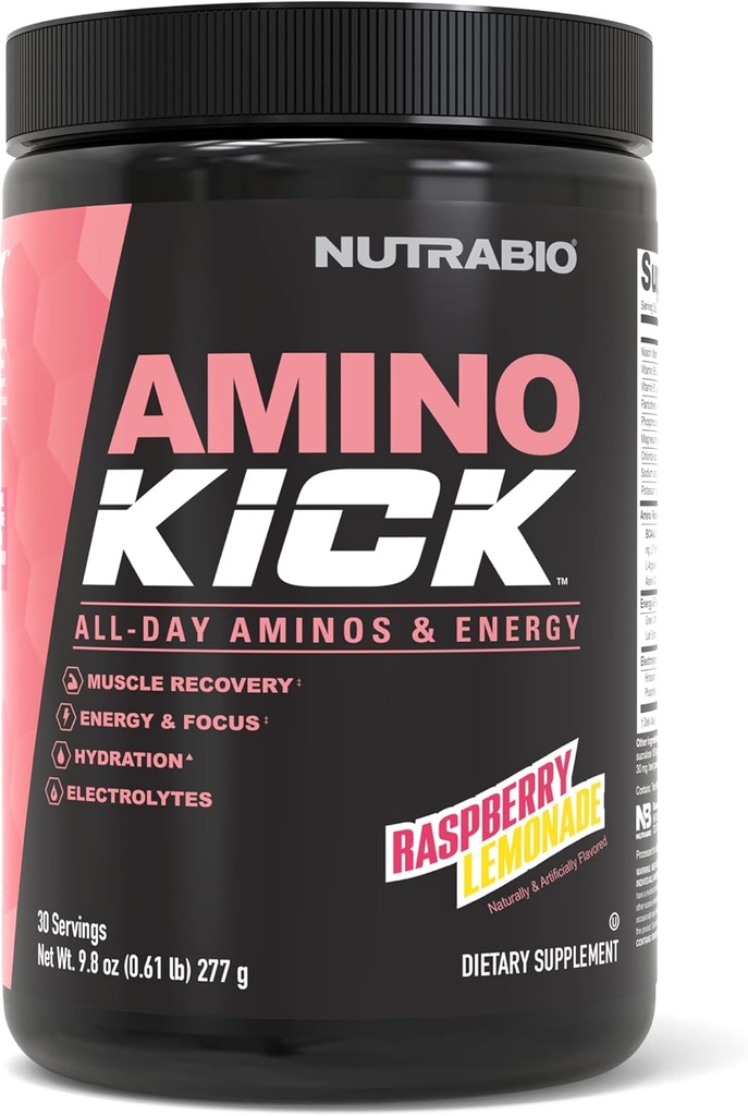 NutraBio Amino Kick – BCAA Powder with Natural Caffeine – Amino Acids Supplement for Energy, Hydration & Recovery – BCAAs, Electrolytes & Amino Acids – Raspberry Lemonade, 30 Servings 2