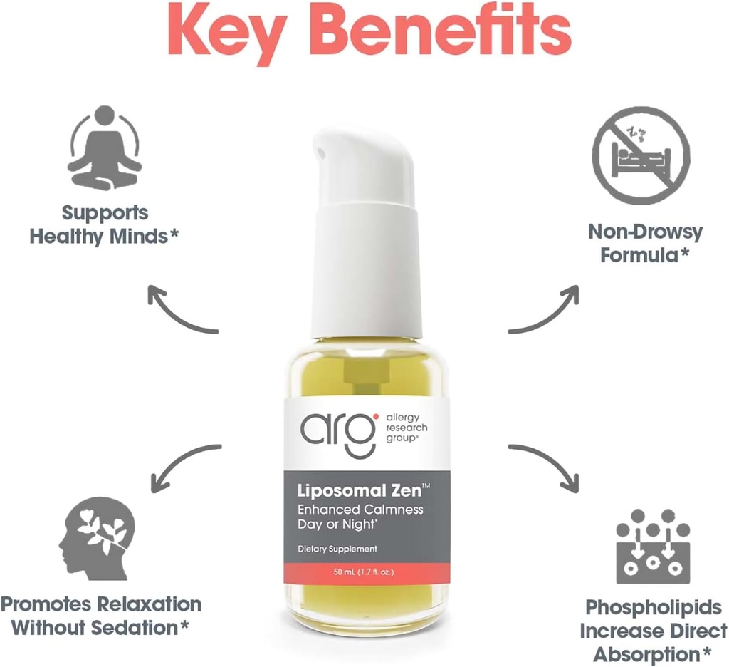 Allergy Research Group Liposomal Zen - L-Theanine Liquid Supplement, GABA Calming Support, Sleep Liposomal, Day or Night, Sunflower Phospholipids, Fast-Acting Zen Formula - 1.7 Fl Oz 5