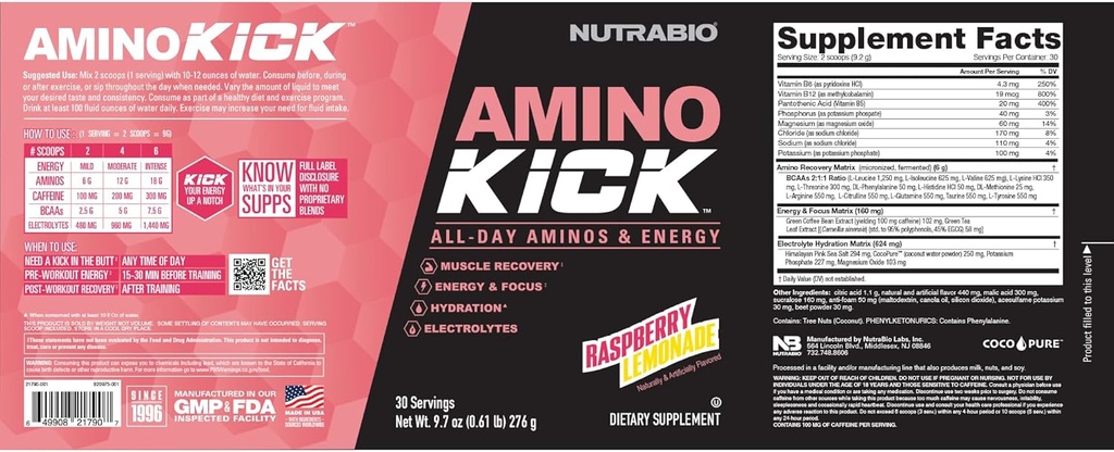 NutraBio Amino Kick – BCAA Powder with Natural Caffeine – Amino Acids Supplement for Energy, Hydration & Recovery – BCAAs, Electrolytes & Amino Acids – Raspberry Lemonade, 30 Servings 3