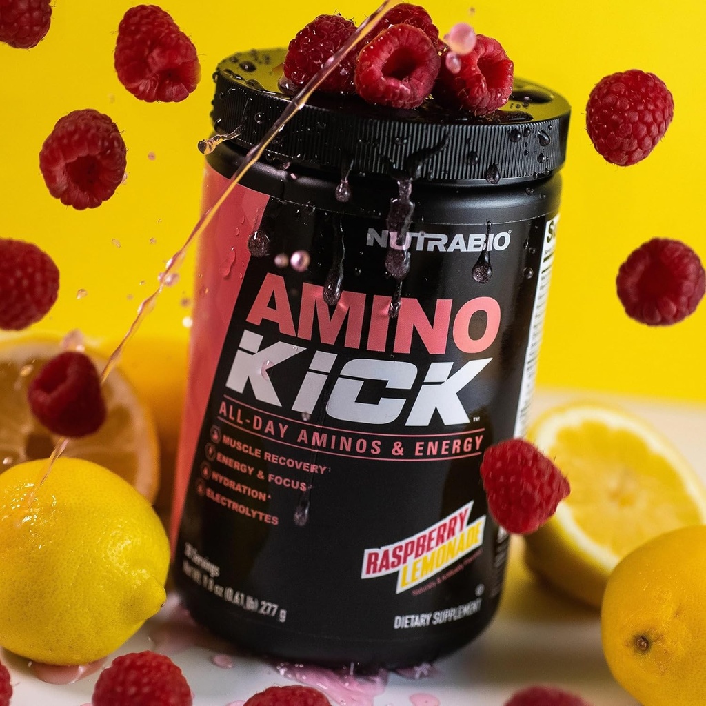 NutraBio Amino Kick – BCAA Powder with Natural Caffeine – Amino Acids Supplement for Energy, Hydration & Recovery – BCAAs, Electrolytes & Amino Acids – Raspberry Lemonade, 30 Servings 4