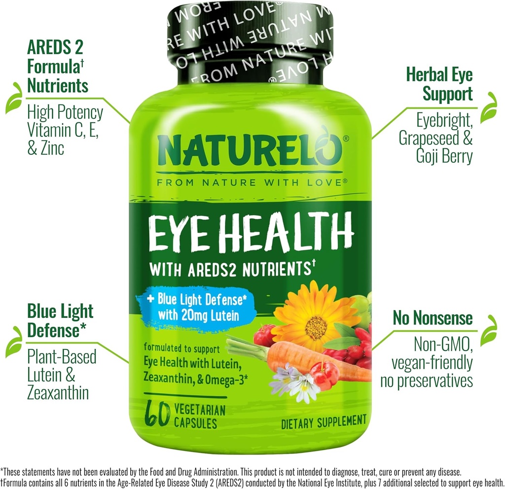 NATURELO Eye Vitamins - AREDS 2 Formula Nutrients with Lutein, Zeaxanthin, Vitamin C, E, Zinc, Plus DHA - Supplement for Dry Eyes, Healthy Vision, Eye Support - 60 Vegan Capsules (Pack of 2) 3