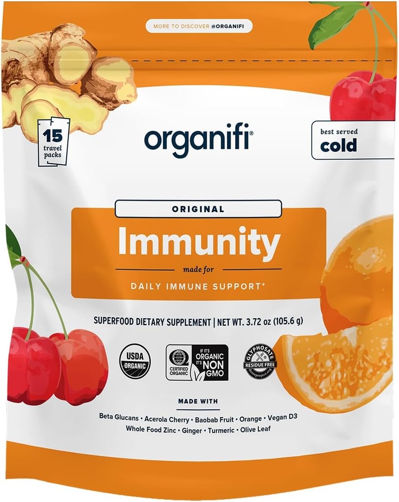 Organifi Immunity - Organic Superfood Immunity Support - 15 Single Serve Packets - Immunity Powder for T Cell Production and Upper Respiratory Health - Mushroom Beta Glucans, Vitamin C, D and Zinc 2
