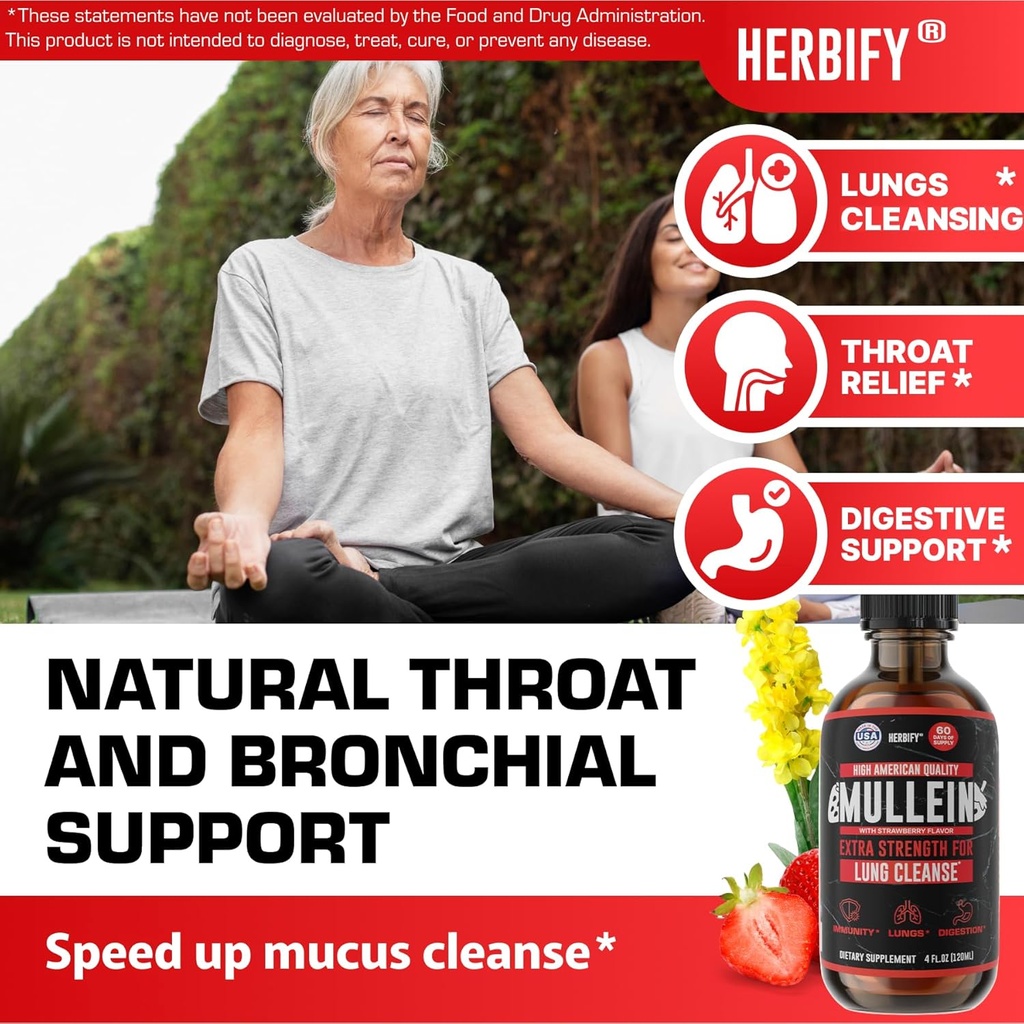 HERBIFY Mullein Drops - Lung Cleanse - Leaf Extract - Powerful Mullein for Immune Support, Detox & Respiratory Support - Made in USA - 4 Oz Strawberry Flavor 5