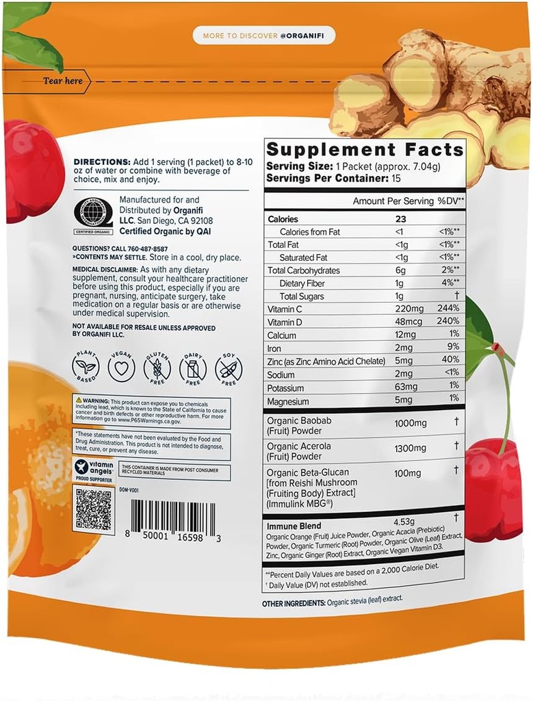 Organifi Immunity - Organic Superfood Immunity Support - 15 Single Serve Packets - Immunity Powder for T Cell Production and Upper Respiratory Health - Mushroom Beta Glucans, Vitamin C, D and Zinc 3
