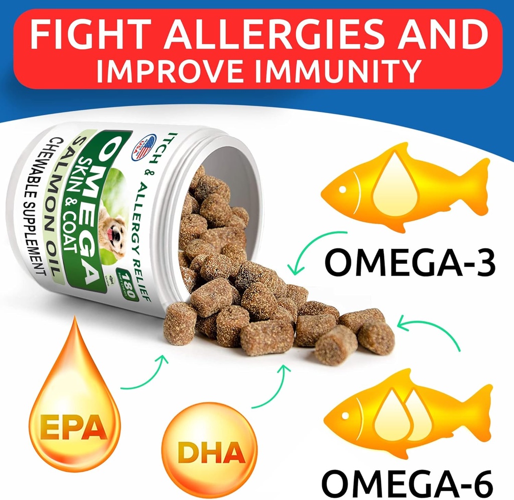 BARK&SPARK Omega 3 for Dogs - 180 Fish Oil Treats for Dog Shedding, Skin Allergy, Itch Relief, Hot Spots Treatment - Joint Health - Skin and Coat Supplement - EPA & DHA Fatty Acids - Salmon Oil 3